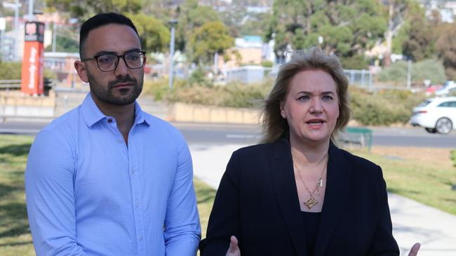 Liberal candidates for Clark Simon Behrakis and Madeleine Ogilvie speak to the media at Sandy Bay on Tuesday, February 27, 2024.