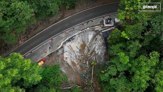 An aerial view of the damaged Kuranda Range Rd. Picture: TMR