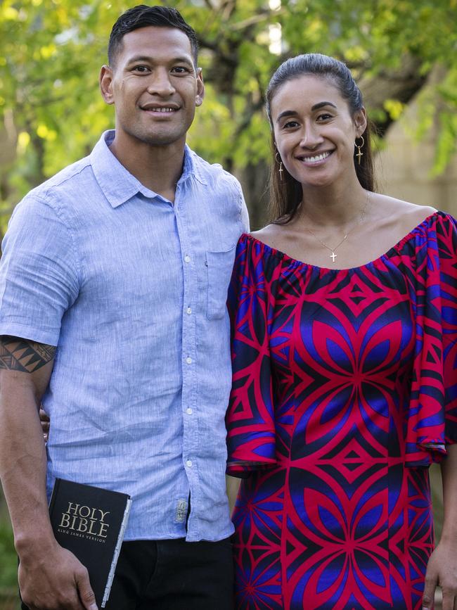 Israel Folau with his wife, Maria Folau, at Kenthurst Uniting Church after a Sunday service. Picture: Hollie Adams