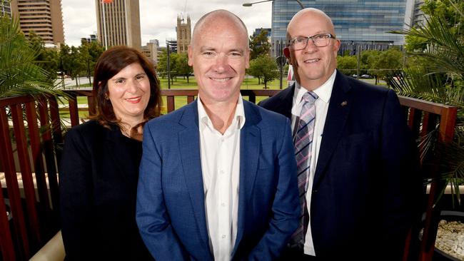 Events SA executive director Hitaf Rasheed with Tourism Minister David Ridgeway announcing the appointment of cyclist Stuart O'Grady as Mike Turtur’s replacement. Picture: Sam Wundke