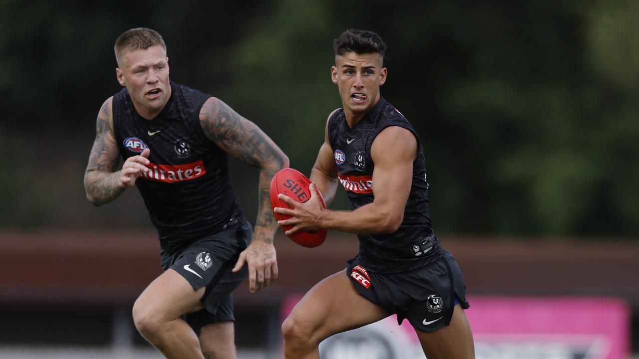 MELBOURNE , AUSTRALIA.February 9 , 2024. Collingwood AFL training at Olympic Park. Nick Daicos and Jordan De Goey of the Magpies during todays training session . Pic: Michael Klein