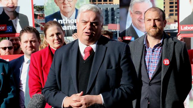 Lyons MP Brian Mitchell fronts Labor's candidates from southern Tasmania during a press conference in Hobart on Friday, May 20, 2022.