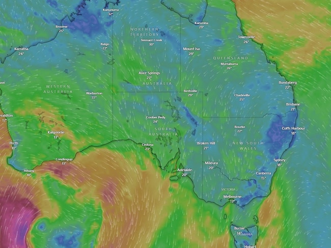 Heavy rain is headed east after Western Australia experienced 70mm in one day. Picture: Windy