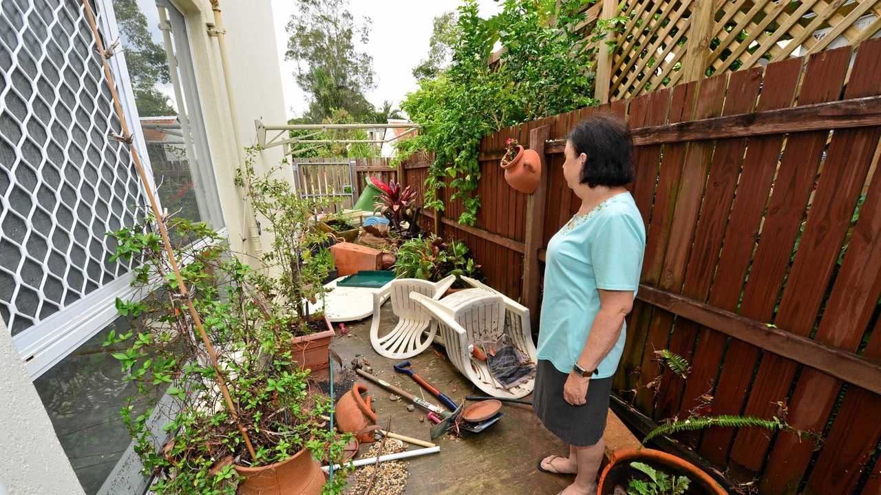 Careela Street Mooloolaba. Eleanor Schulz surveys the aftermath of her home after it was inundated with flood water. Picture: John McCutcheon