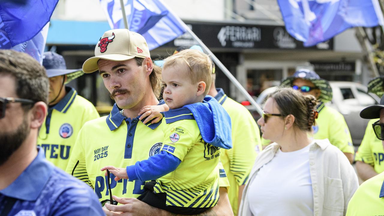 Zak Patterson and son Hudson march with the PPTEU in the Toowoomba Labour Day March, Saturday, May 3, 2025. Picture: Kevin Farmer