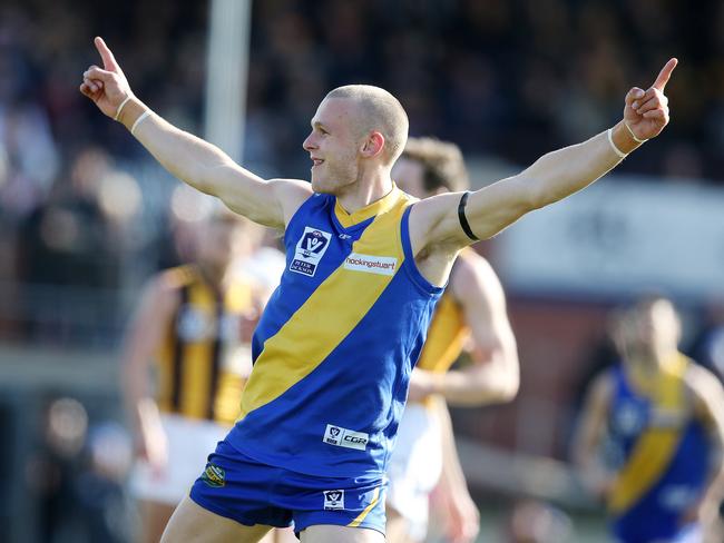 New Docker Brett Bewley celebrates his goal in Willamstown’s VFL preliminary final clash with Box Hill in 2018.