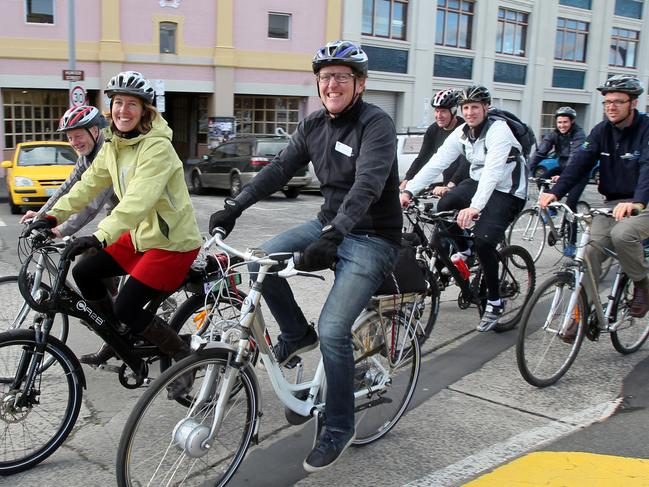 Bicycle network infrastructure workshop at Tas uni , picture of the group on the road around Hobart with Emma Pharo, of Sandy Bay, from Bicycle Tasmania in green top