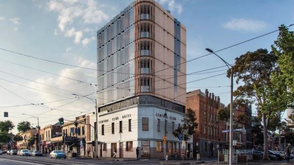 An artist's impression of the eight-storey hotel to be built above the Central Club Hotel in Melbourne.