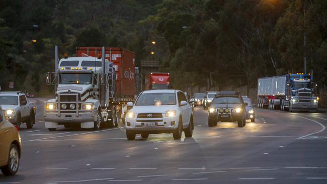 Traffic at the bottom of the South Eastern Freeway, one of the major arterial roads that needs improving. Picture: Emma Brasier