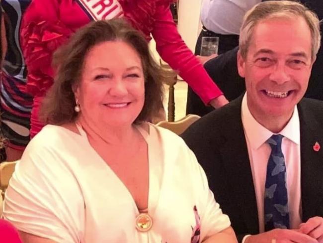 Gina Rinehart, centre, with Former Liberal Party vice-president Teena McQueen, left, and UK Reform party, Nigel Farage, right. Picture: Michael Koziol