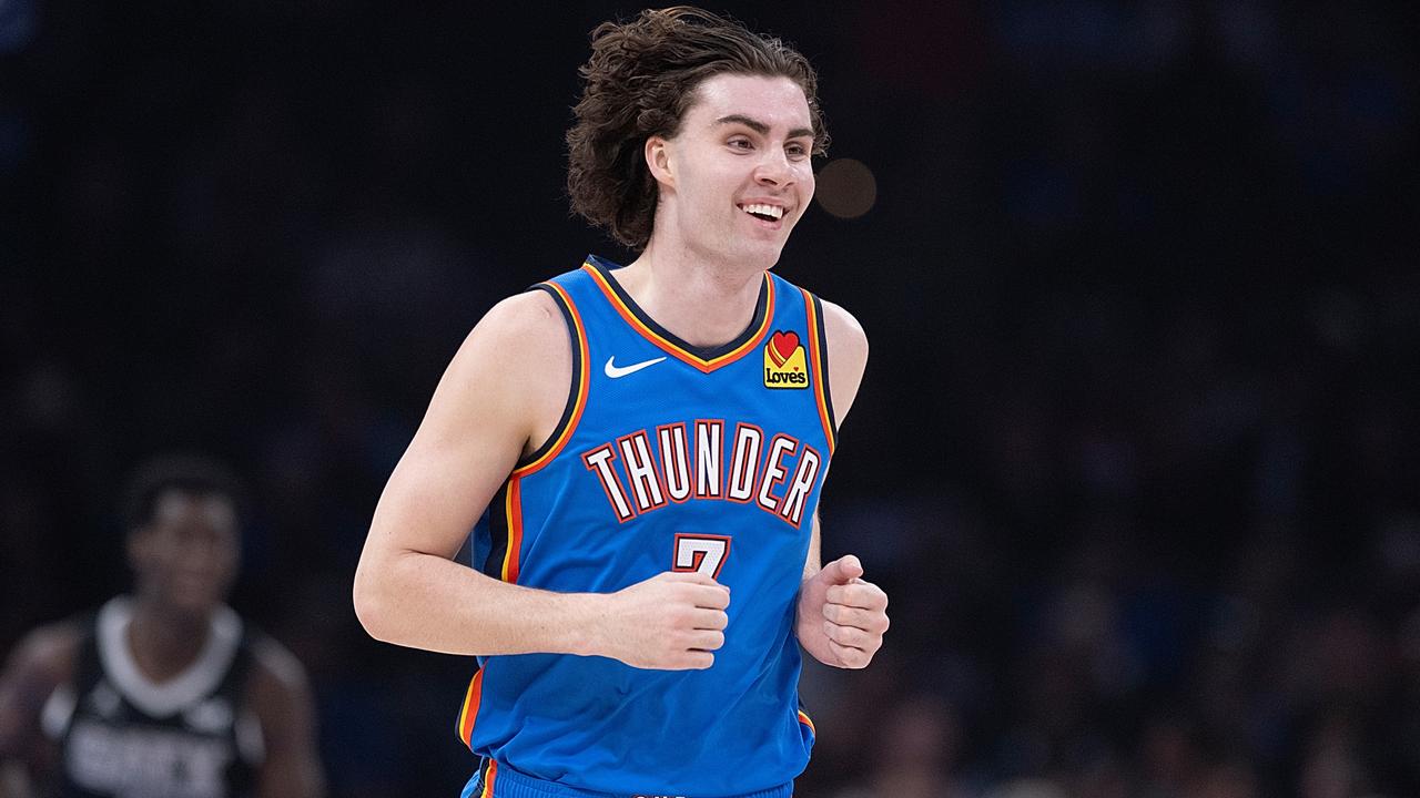 OKLAHOMA CITY, OKLAHOMA - APRIL 10: Josh Giddey #3 of the Oklahoma City Thunder smiles as he runs up court during the first half against the San Antonio Spurs at Paycom Center on April 10, 2024 in Oklahoma City, Oklahoma. NOTE TO USER: User expressly acknowledges and agrees that, by downloading and or using this Photograph, user is consenting to the terms and conditions of the Getty Images License Agreement. (Photo by Joshua Gateley/Getty Images)