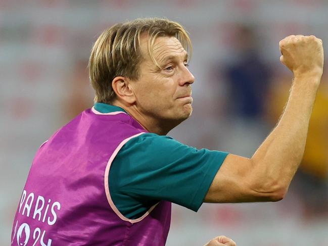 NICE, FRANCE - JULY 28: Tony Gustavsson, Head Coach of Team Australia celebrates after  the Women's group B match between Australia and Zambia during the Olympic Games Paris 2024 at Stade de Nice on July 28, 2024 in Nice, France. (Photo by Marc Atkins/Getty Images)