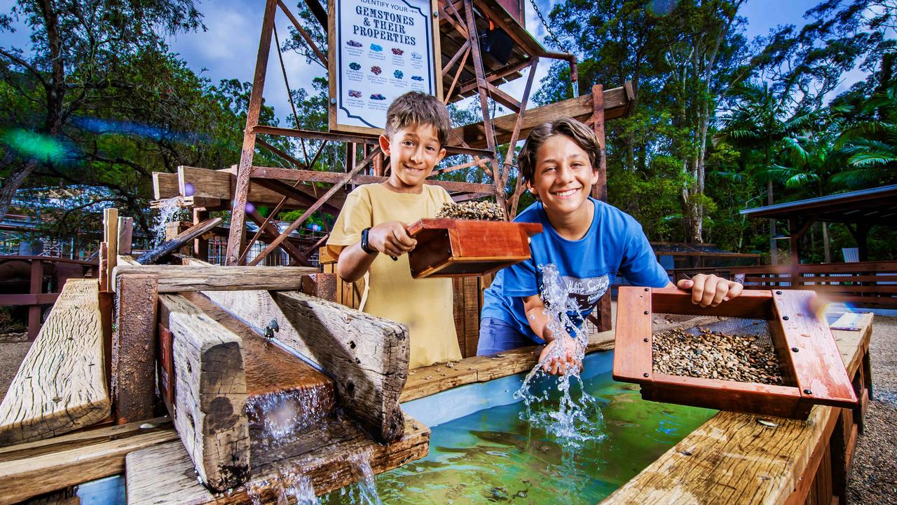 Ishai, 9 and Jonah Angel, 14, at the new Currumbin Wildlife Sanctuary precinct Outback Springs. Picture: Nigel Hallett