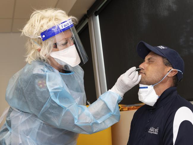 BRISBANE AUSTRALIA - NewsWire Photos AUGUST 3, 2021: Craig McIntyre gets a COVID-19 test at the new 24-hour testing clinic. The clinic has been established in Eight Miles Plains on Brisbane's southside to extend the regions testing capabilities. NCA NewsWire / Sarah Marshall