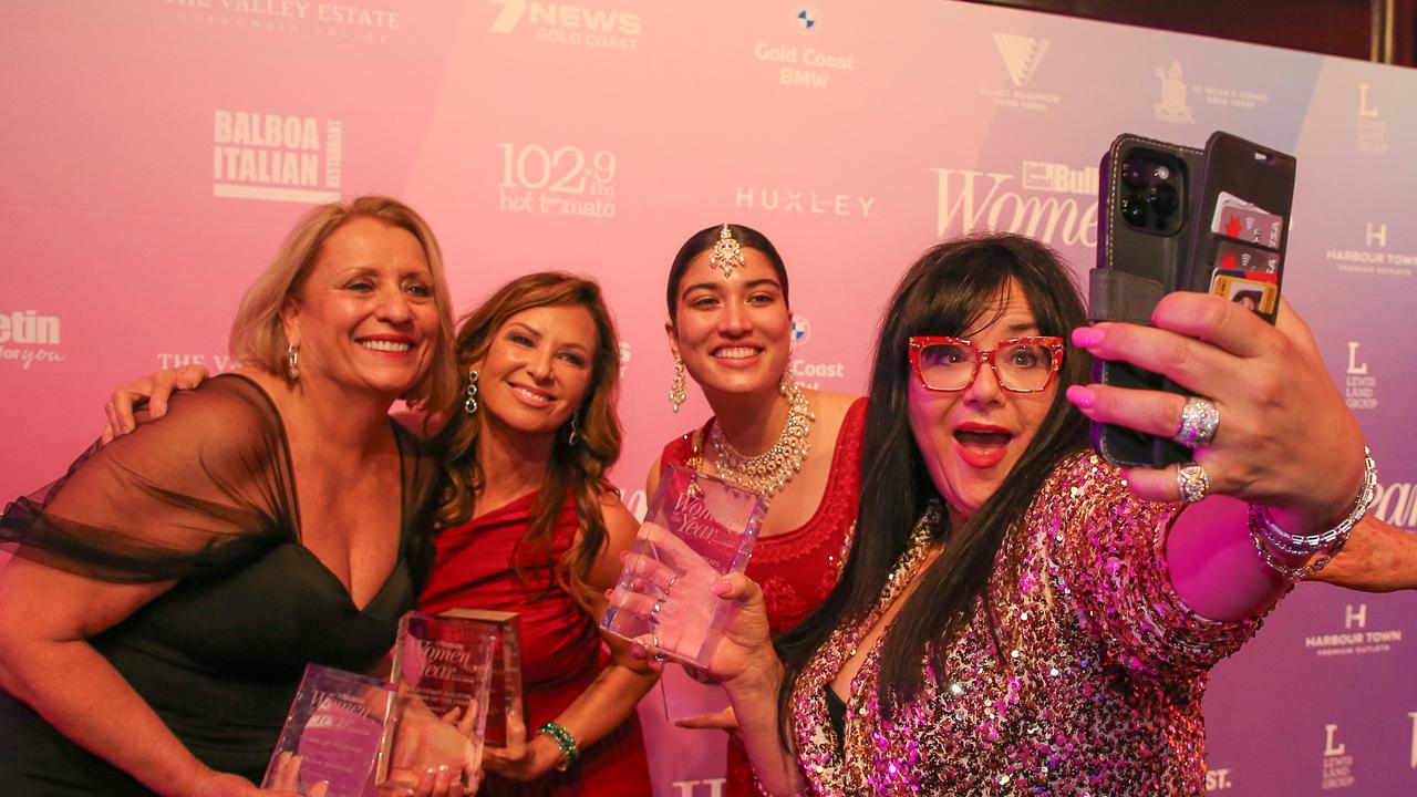 2023 Woman of the Year winner Adrienne Readings (left), with Wellness Warrior winner Patsy Tierney, Young Woman winner Priya Verdi-Hero and Entrepreneurs winner Sonia Stradiotto at the 2023 Women of the Year Awards at the Star on the Gold Coast. Picture: Glenn Campbell