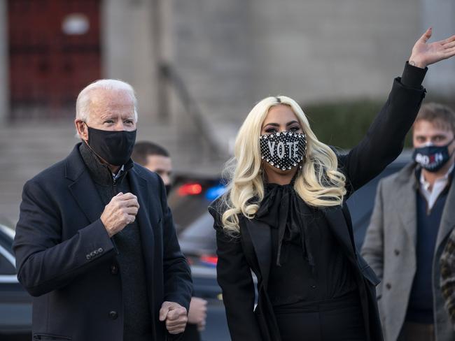 Joe Biden and Lady Gaga greet college students at Schenley Park. Picture: Getty Images