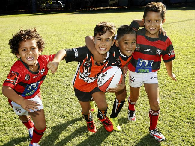 Leichhardt Wanderers Billy Ratumaiyale (5), Leichhardt Juniors Ty Rokomaqisa (6) and Koli Rokomaqisa (7) with Leichhardt Wanderers Archie Ratumaiyale (8) are the next generation of young Leichhardt players. Picture: John Appleyard