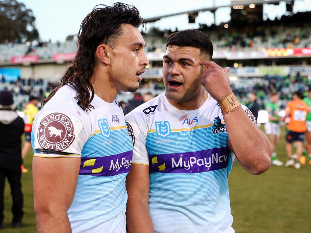 Tino Fa'asuamaleaui and David Fifita buried the hatchet after an explosive training run-in. Picture: NRL Images