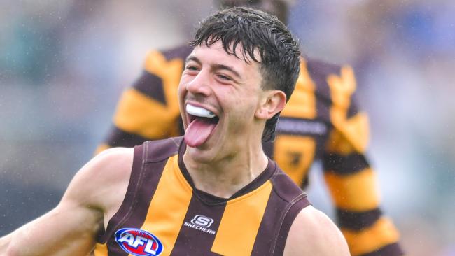 LAUNCESTON, AUSTRALIA - AUGUST 24: Massimo D'Ambrosio of the Hawks celebrates a goal during the round 24 AFL match between Hawthorn Hawks and North Melbourne Kangaroos at University of Tasmania Stadium, on August 24, 2024, in Launceston, Australia. (Photo by Simon Sturzaker/AFL Photos/via Getty Images)