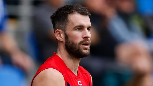 HOBART, AUSTRALIA - AUGUST 6: Joel Smith of the Demons looks on during the 2023 AFL Round 21 match between the North Melbourne Kangaroos and the Melbourne Demons at Blundstone Arena on August 6, 2023 in Hobart, Australia. (Photo by Dylan Burns/AFL Photos)