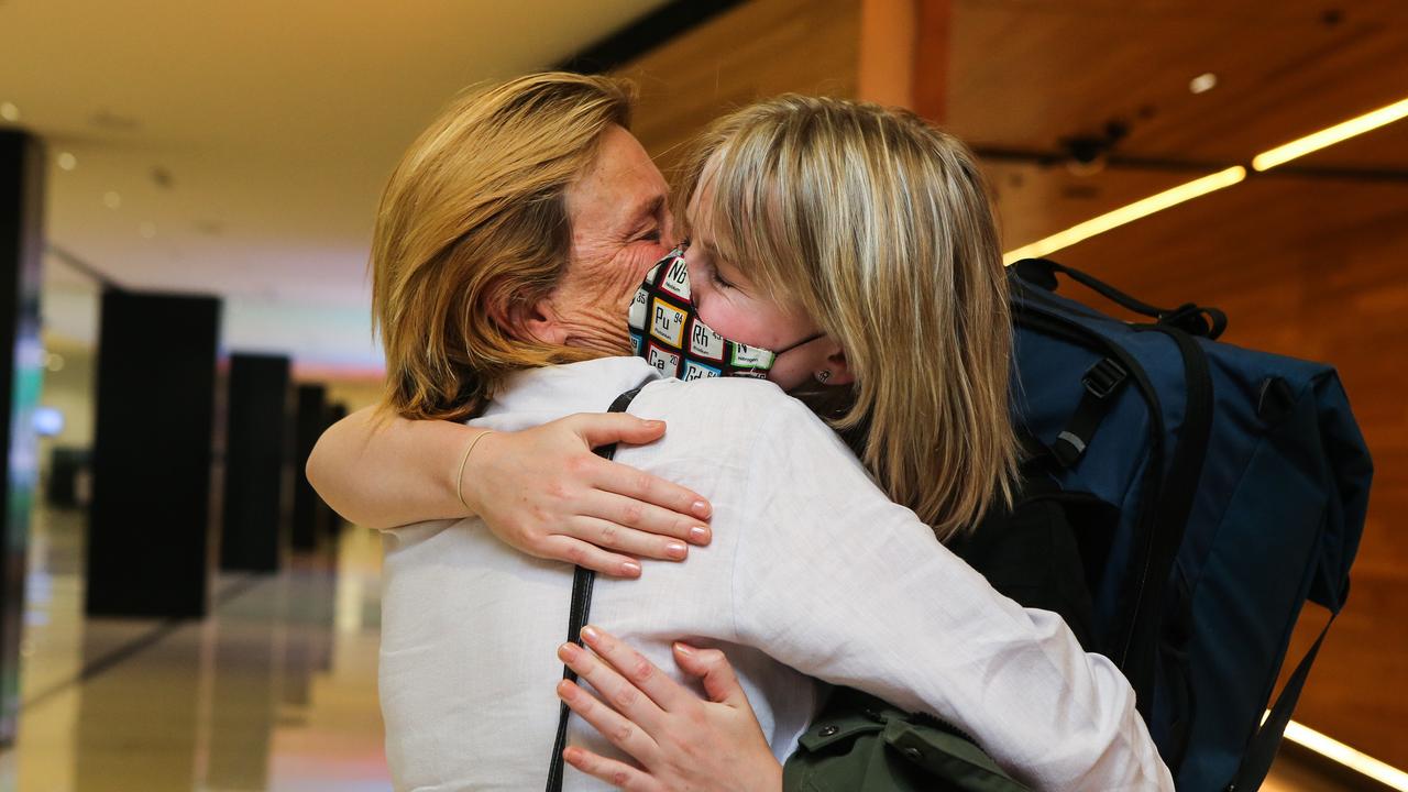 Fiona and Elle Robertson at Sydney International Airport before Elle flew to London. Picture: Gaye Gerard / NCA Newswire