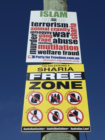 Racist signs placed on a telegraph pole opposite Dee Why Mosque, on South Creek Road in March, 2015. Picture: Troy Snook