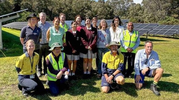 Mayor of Tweed Shire Chris Cherry, Cr Nola Firth, St Joseph's College science Leader of Learning Jo Burnett, St Joseph's College students Harriet and Cleo, Club Tweed Finance Manager Deborah Workman and Council staff celebrate the opening of the Tweed's largest solar array.