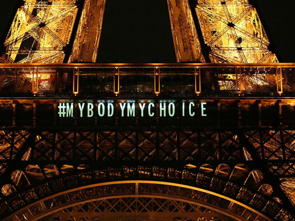 A message reading "My body my choice" is projected onto the Eiffel Tower after the French parliament voted. Picture: Dimitar DILKOFF / AFP