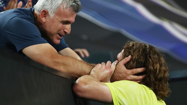 Father and son Tsitsipas produced one of the heartwarming moments of the tournament. Picture: Getty Images