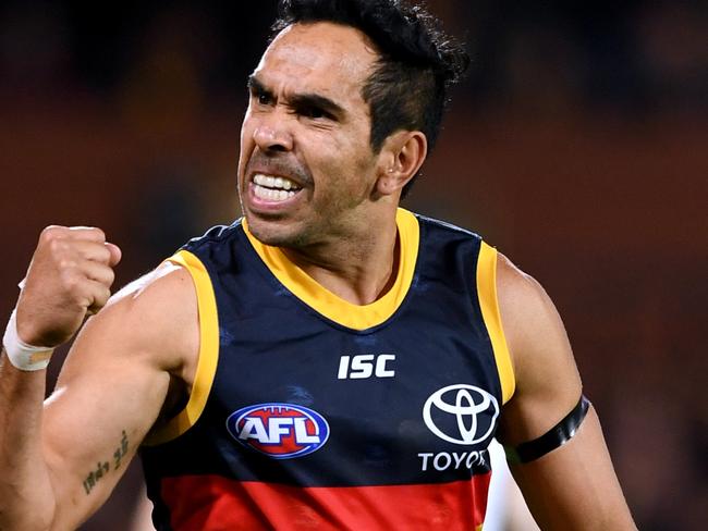 ADELAIDE, AUSTRALIA - AUGUST 03: Eddie Betts of the Adelaide Crows celebrates a goal during the round 20 AFL match between the Adelaide Crows and the St Kilda Saints at Adelaide Oval on August 03, 2019 in Adelaide, Australia. (Photo by Mark Brake/Getty Images)