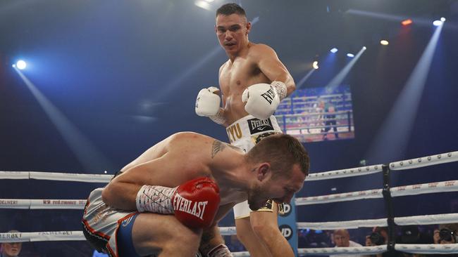 Tim Tszyu knocks the life out of Stevie Spark. Picture: Mark Evans/Getty