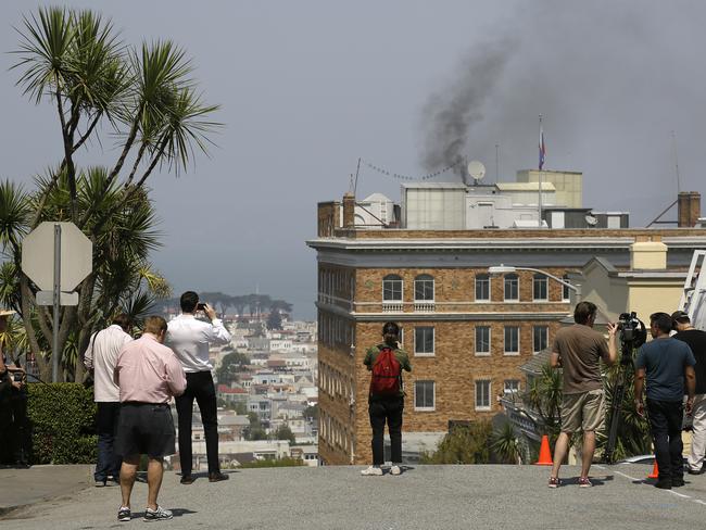 The San Francisco Fire Department says acrid, black smoke seen pouring from a chimney at the Russian consulate in San Francisco was apparently from a fire burning in a fireplace. Picture: AP