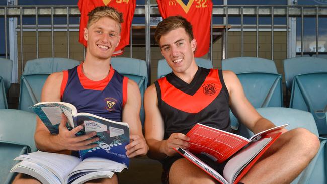 Giant Jackson Hately, left, pictured with Docker Luke Valente ahead of the 2018 AFL Draft. Picture: Brenton Edwards/AAP