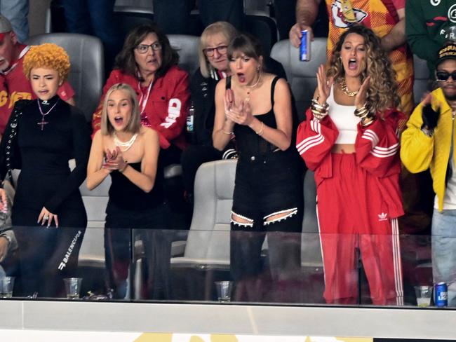 Taylor Swift and her celebrity friends Ice Spice, Ashley Avignone and Blake Lively partied in a luxury suite paid for by Travis Kelce at the 2024 Super Bowl in Las Vegas. Picture: AFP