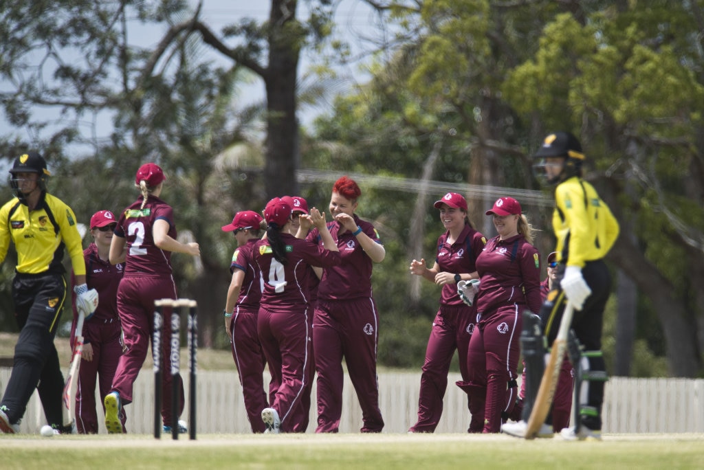 Queensland celebrate the dismissal of Western Australia's Hannah Felton, bowled by Lexie Muller (centre), in Australian Country Cricket Championships women's division round four at Heritage Oval, Tuesday, January 7, 2020. Picture: Kevin Farmer