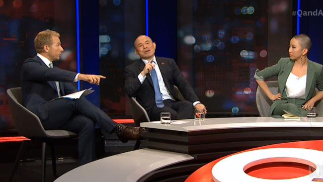 In March, Q+A recorded its lowest ratings in history. Hamish Macdonald, Wang Xining and Vicky Xu on the ABC program.