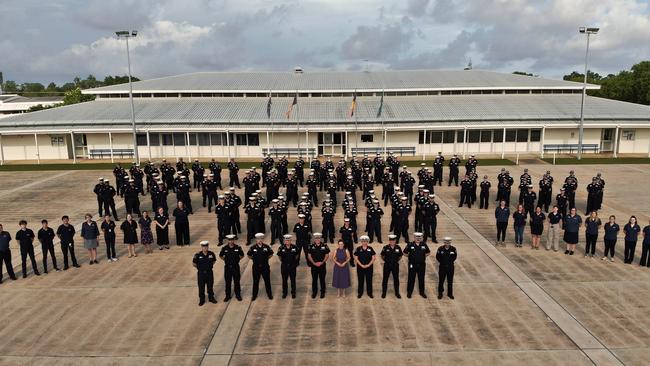 Drone shots of Chief Minister Lia Finocchiaro and former NT Police Commissioner Michael Murphy with officers from NT Police in February 2025. Picture: NT Police