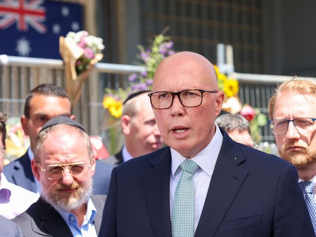 Opposition Leader Peter Dutton, who visited the Adass Israel Synagogue on Monday, later declared he would only stand in front of the Australian flag if he is elected prime minister. Picture : NewsWire / Brendan Beckett