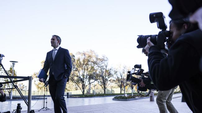 Federal Treasurer Jim Chalmers walking through the ministerial entrance of parliament before a press conference ahead of the Federal Budget announcement. Picture: NCA NewsWire/ Dylan Robinson