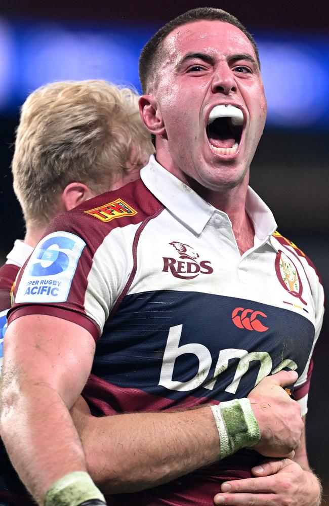 Joe Brial of the Reds celebrates after scoring a try during the round 15 Super Rugby Pacific match between Queensland Reds and Hurricanes at Suncorp Stadium, on May 23, 2025, in Brisbane, Australia. Photo by Bradley Kanaris/Getty Images.