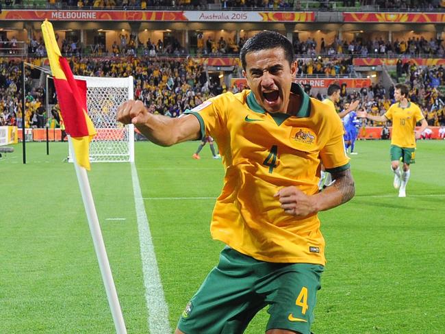 Tim Cahill performs his trademark celebration.