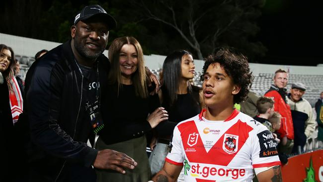 Tristan Sailor with his parents after making his NRL debut. Picture: Matt King/Getty Images