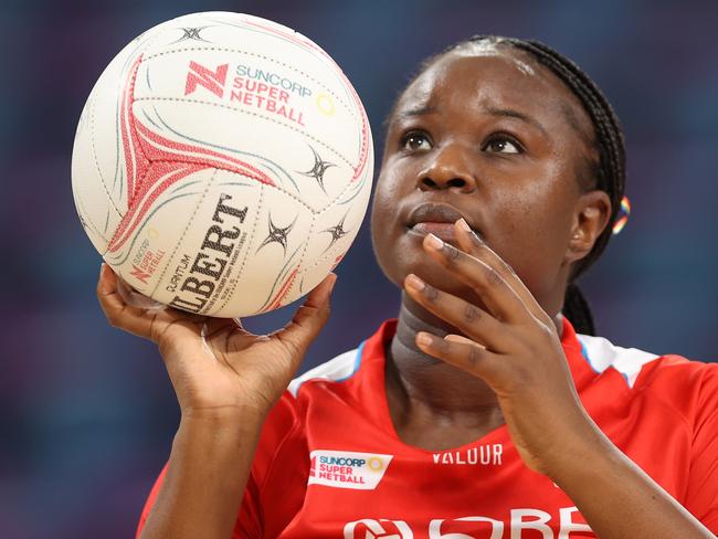 SYDNEY, AUSTRALIA - MAY 05: Sam Wallace-Joseph of the Swifts warms up ahead of the round four Super Netball match between NSW Swifts and West Coast Fever at Ken Rosewall Arena on May 05, 2024 in Sydney, Australia. (Photo by Jason McCawley/Getty Images)