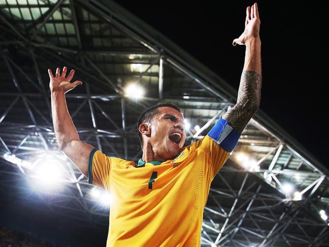 Tim Cahill celebrates scoring for Australia against South Africa in Sydney in 2014. Picture: Phil Hillyard