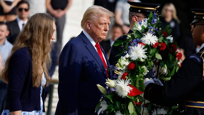 Donald Trump stands alongside Misty Fuoco, whose sister Nicole Gee died in the August 26, 2021 suicide bombing at Kabul airport. Picture: AFP