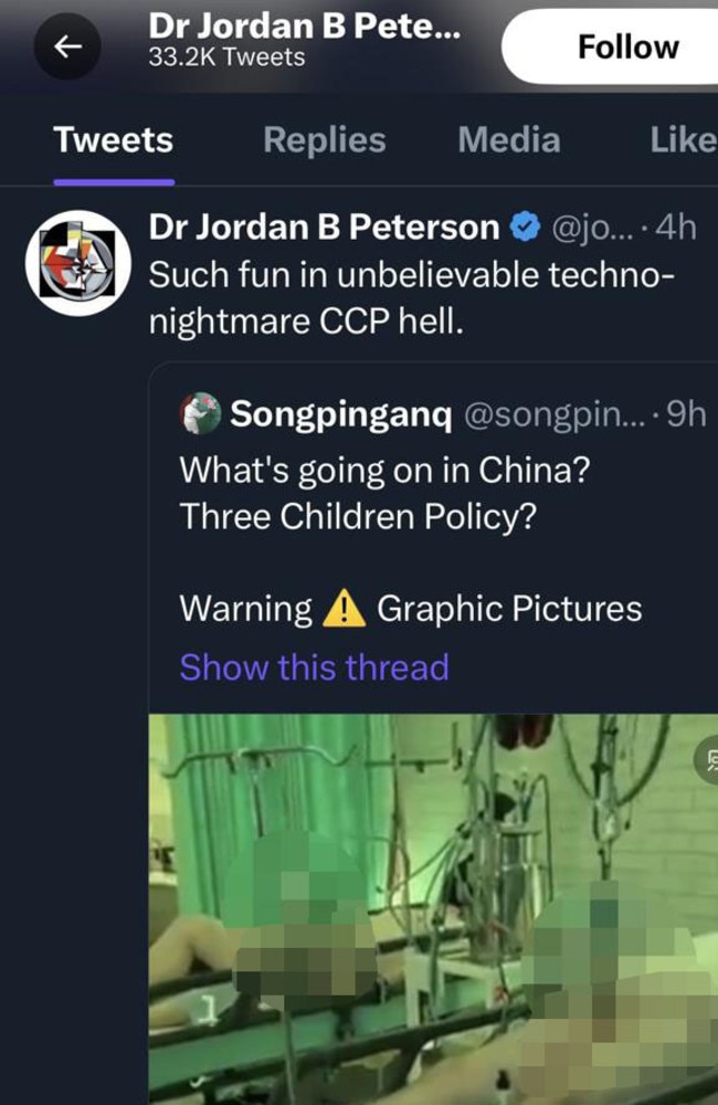 Jordan Peterson unwittingly retweeted ‘male milking’ fetish porn. Picture: Twitter