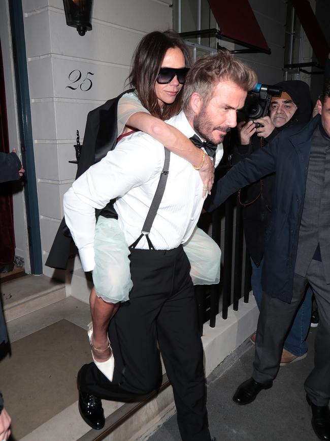 The Beckhams leave Victoria’s 50th birthday party in London. Picture: GC Images