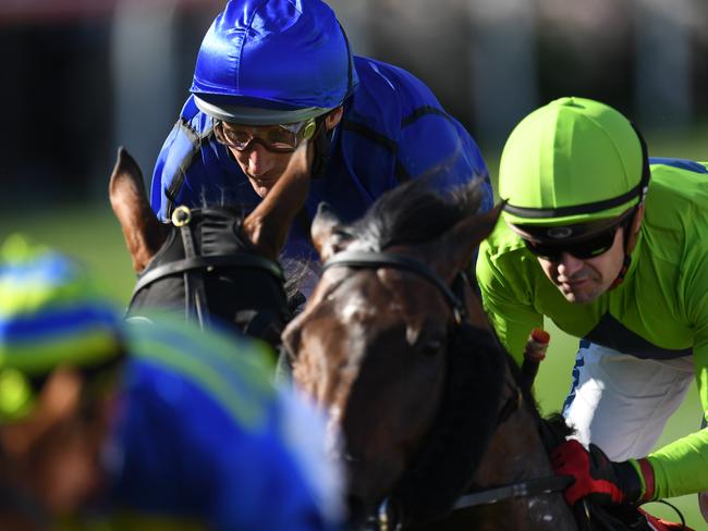 Damien Oliver (second from left) aboard Happy Clapper and Royal Symphony, ridden by Dean Yendall, travel in close quarters during Saturday’s Cox Plate. Picture: AAP