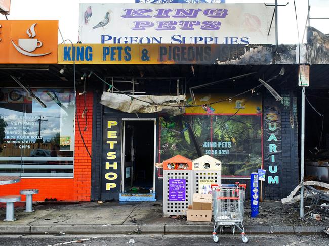 The burnt-out pet store after the blaze. Picture: Luis Enrique Ascui