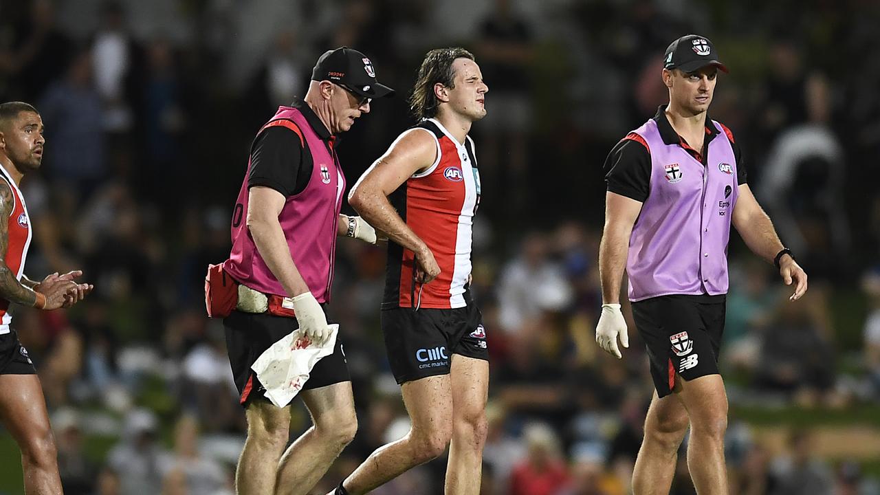 Hunter Clark was left with a broken jaw after his collision with Adelaide’s David Mackay. Picture: Albert Perez/AFL Photos/via Getty Images